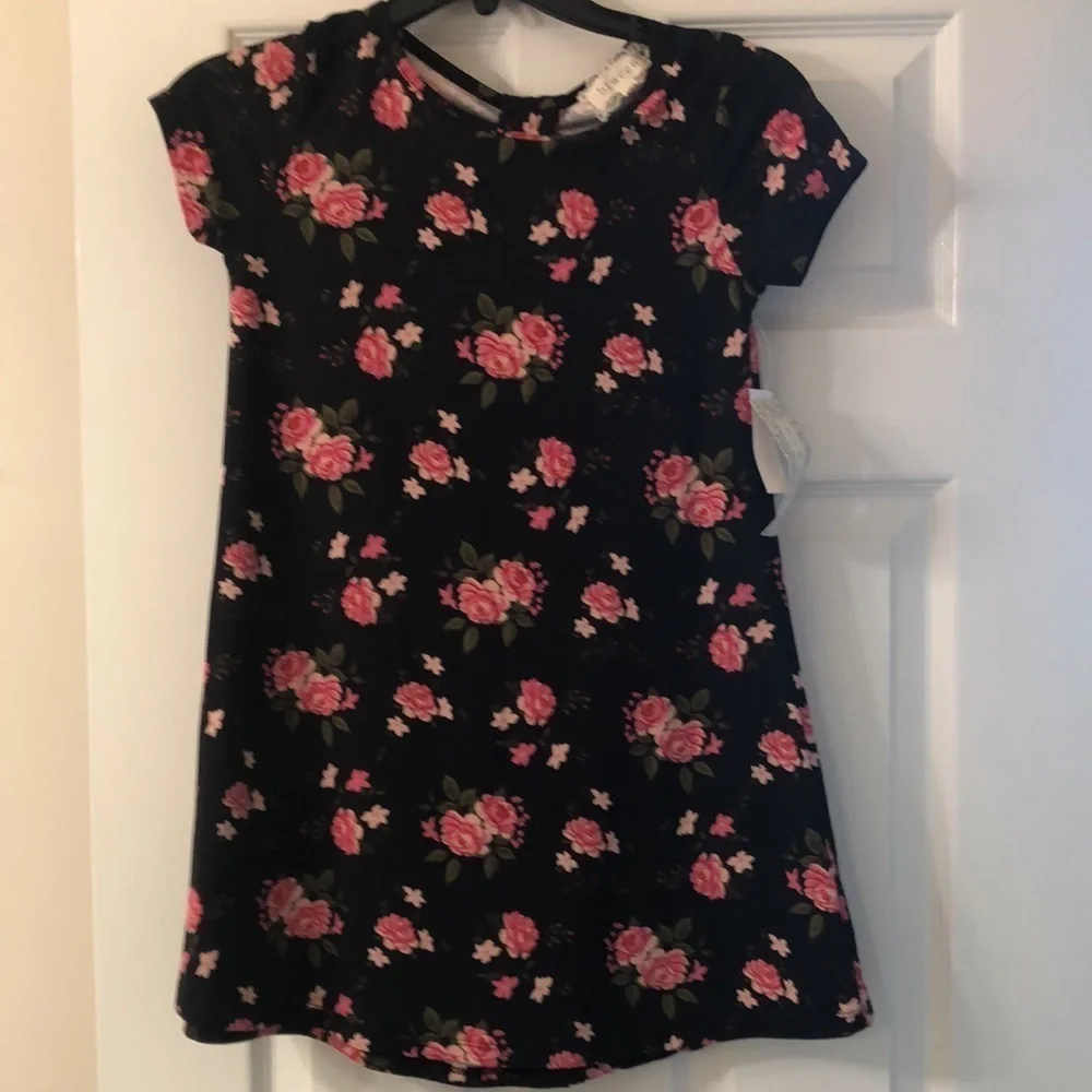 BTWEEN Girls Stretchy Dress Black Pink Rose Floral Keyhole Back Size L 10/12 NWT